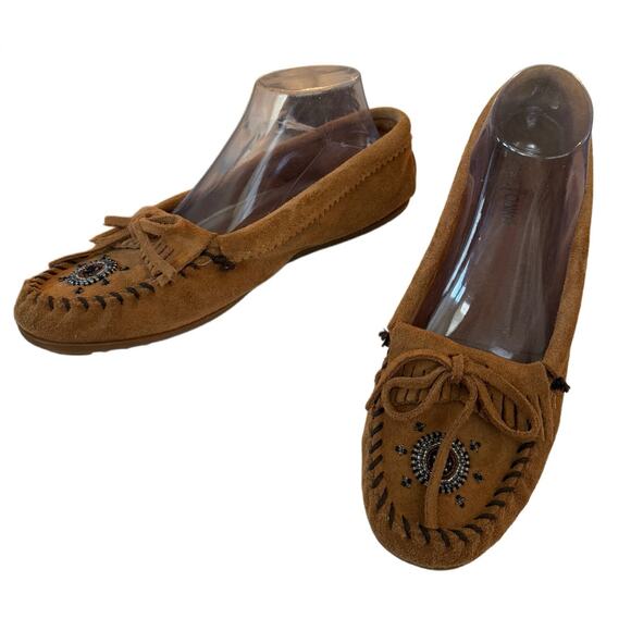 VTG Minnetonka Y2K Camel Brown Suede Beaded Moccasins 11 Hard Sole Boho Fall - Picture 5 of 11